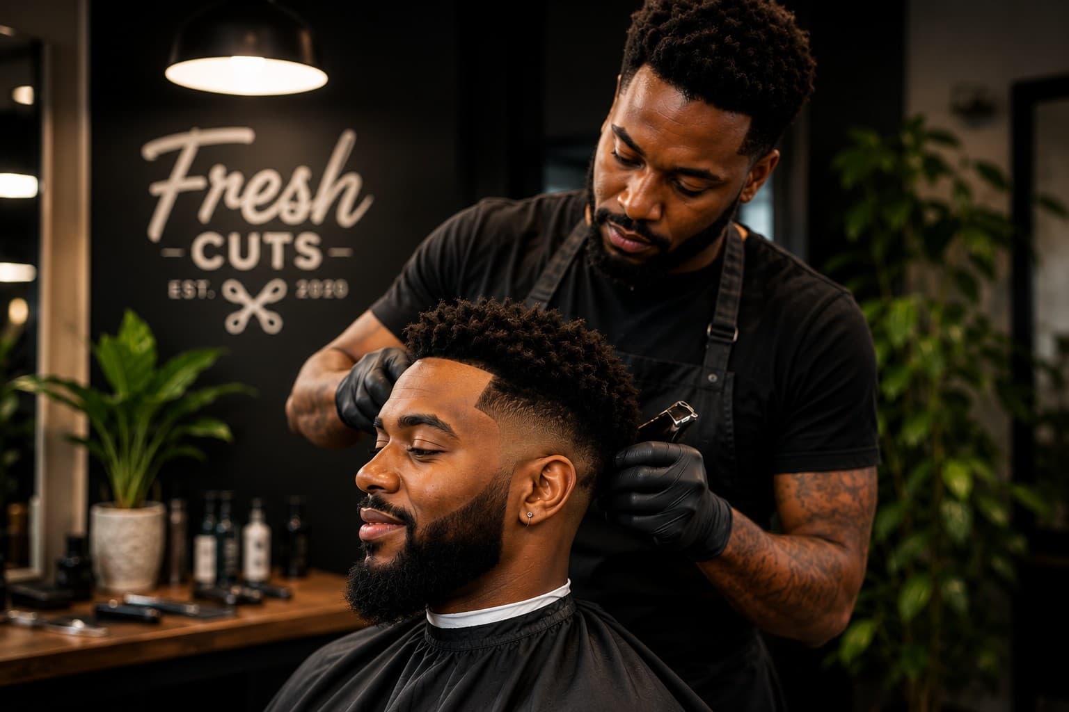 Barber giving a fresh fade haircut