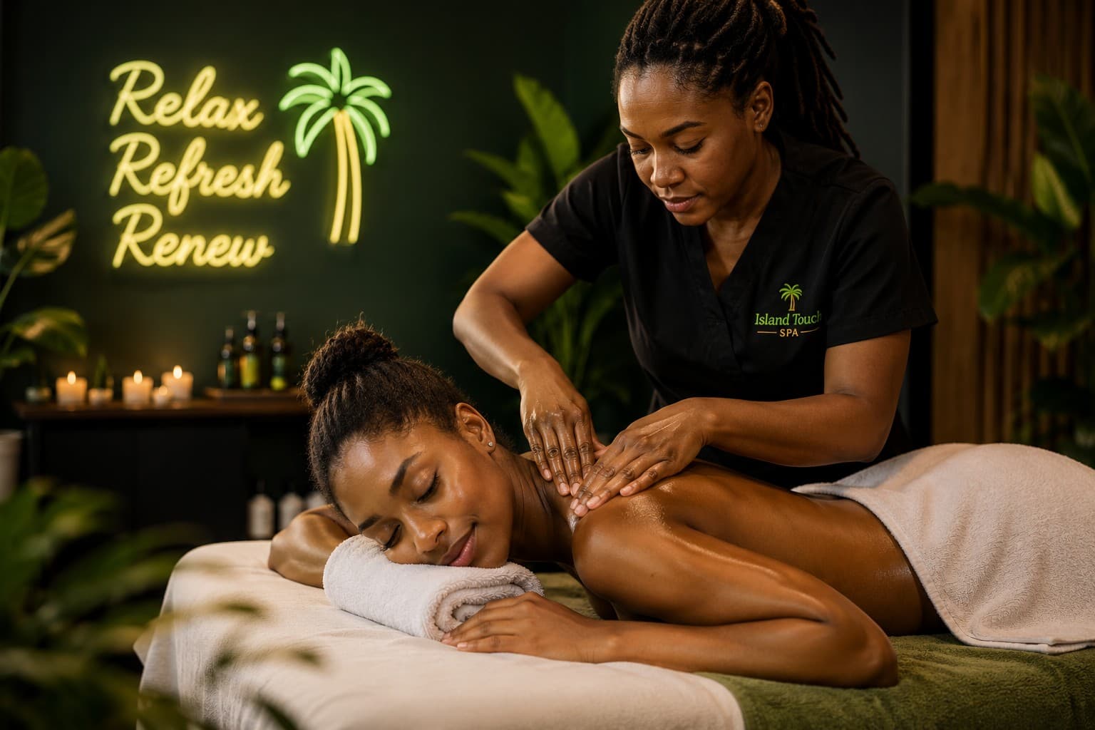 Spa massage in a tropical-themed treatment room